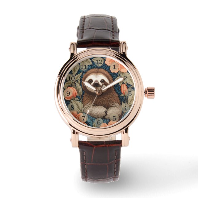 Cute Sloth Elegant Floral William Morris Inspired 腕時計 (正面)