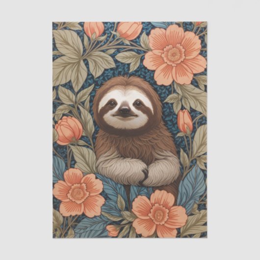 Cute Sloth Elegant Floral William Morris Inspired 薄葉紙 (正面)