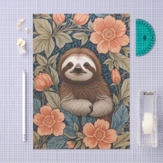 Cute Sloth Elegant Floral William Morris Inspired 薄葉紙 (クラフト)