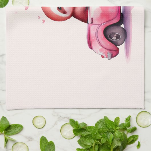 Cute Sloth in a Pink Convertible キッチンタオル (折り畳み)