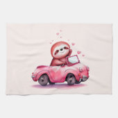 Cute Sloth in a Pink Convertible キッチンタオル (横)
