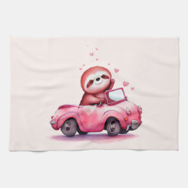 Cute Sloth in a Pink Convertible キッチンタオル