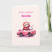 Cute Sloth in a Pink Convertible Birthday カード (正面)