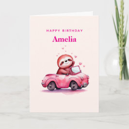 Cute Sloth in a Pink Convertible Birthday カード