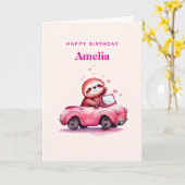 Cute Sloth in a Pink Convertible Birthday カード (黄色い花)