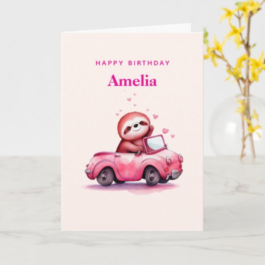 Cute Sloth in a Pink Convertible Birthday カード (黄色い花)
