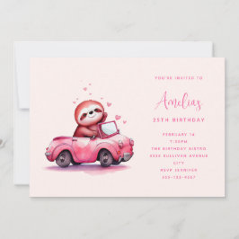 Cute Sloth in a Pink Convertible  Birthday 招待状