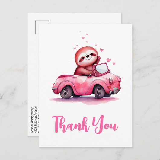 Cute Sloth in a Pink Convertible Thank You ポストカード (正面/裏面)
