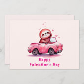 Cute Sloth in a Pink Convertible Valentine's Day シーズンカード (正面/裏面)