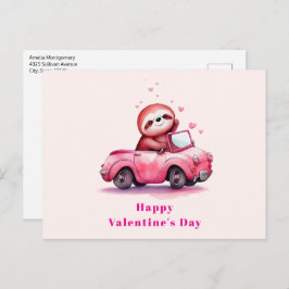 Cute Sloth in a Pink Convertible Valentine's Day シーズンポストカード