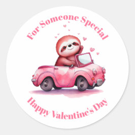 Cute Sloth in a Pink Convertible Valentine's Day ラウンドシール