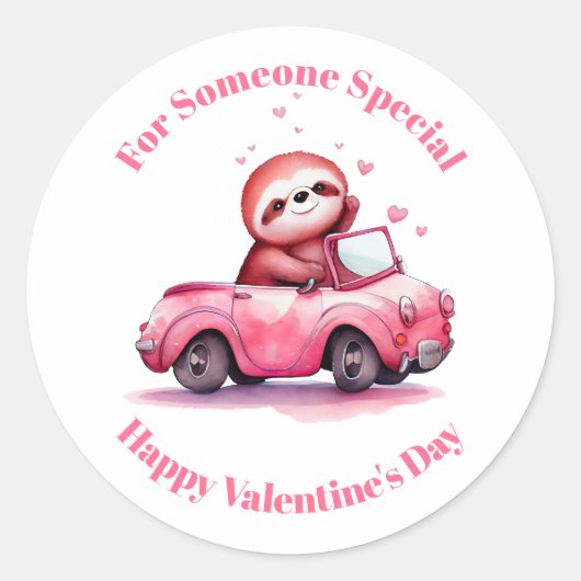 Cute Sloth in a Pink Convertible Valentine's Day ラウンドシール (正面)