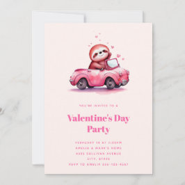 Cute Sloth in a Pink Convertible Valentine's Day 招待状