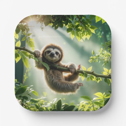 Cute Sloth In Backlit By Sunbeams ペーパープレート (正面)