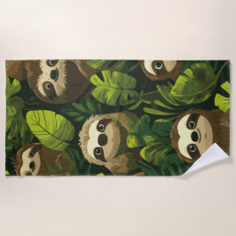 Cute Sloth Jungle Pattern – Green Leaf Design ビーチタオル