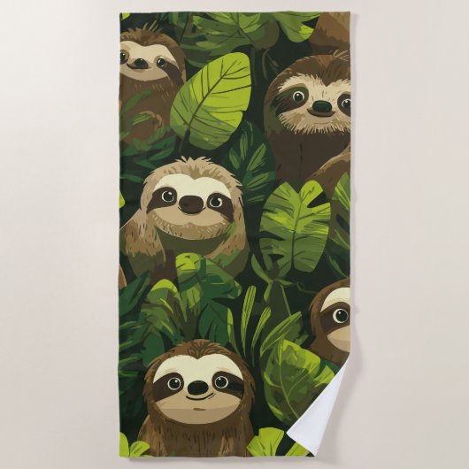 Cute Sloth Jungle Pattern – Green Leaf Design ビーチタオル (正面)