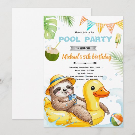 Cute sloth pool theme invitation 招待状 (正面/裏面)