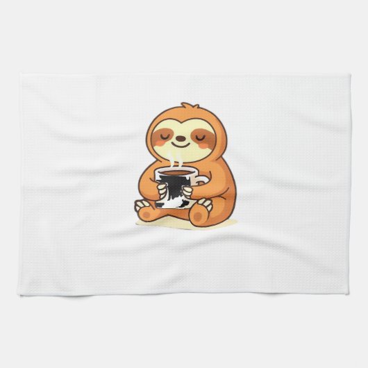 Cute Sloth Relaxing with Hot Coffee Premium T-Shir キッチンタオル (横)