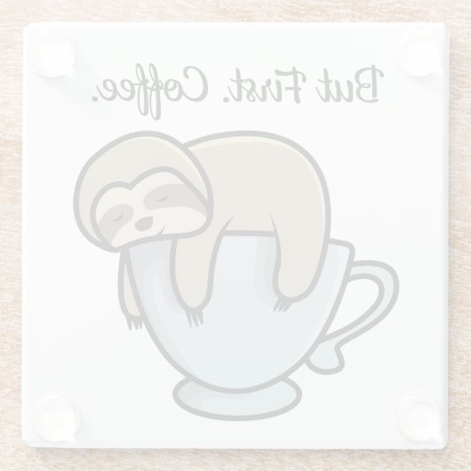 Cute Sloth Sleeping on Coffee Cup Coffee Quote ガラスコースター (裏面)