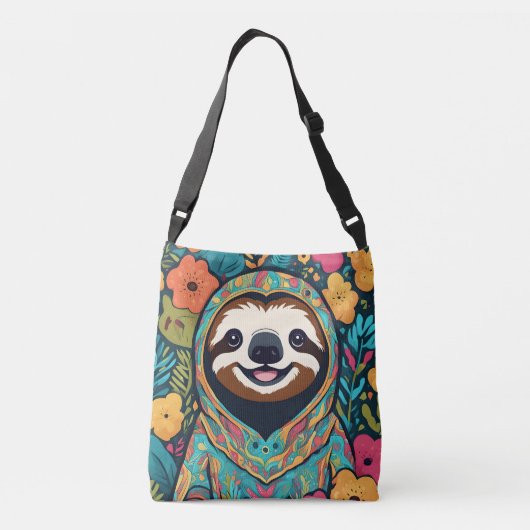 Cute sloth surrounded by flowers クロスボディバッグ (裏面)