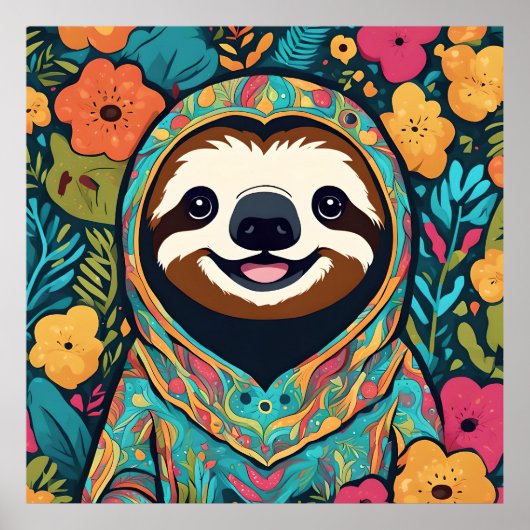 Cute sloth surrounded by flowers ポスター (正面)