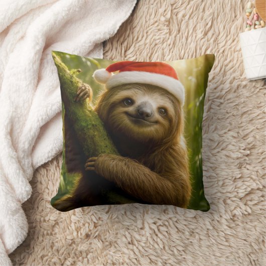 Cute Sloth Wearing a Santa Hat クッション (ブランケット)