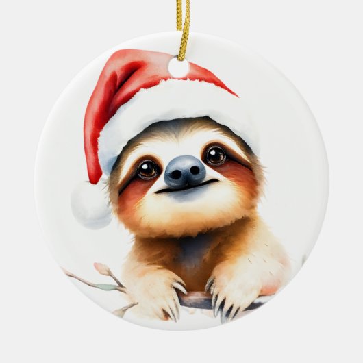 Cute Sloth Wearing Santa Hat セラミックオーナメント (正面)