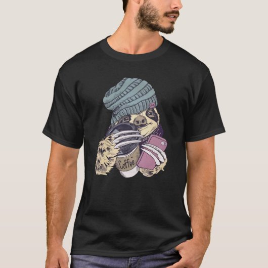 Cute Sloth With Beanie Hat Coffee and Phone Animal Tシャツ (正面)