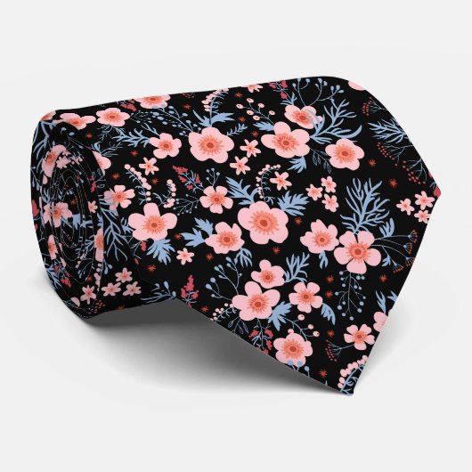 Cute small pink floral with black background ネクタイ (ロール)