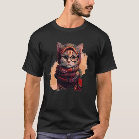 Cute Smart Cat in Glasses Wearing Hijab Muslim Wom Tシャツ (正面)