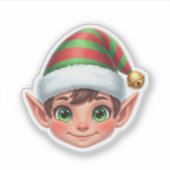 Cute Smiling Christmas Elf Face with Red Green Hat シール (正面)