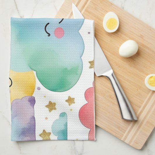 Cute Smiling Clouds Suns Rainbows Kitchen Towel キッチンタオル (四つ折り)