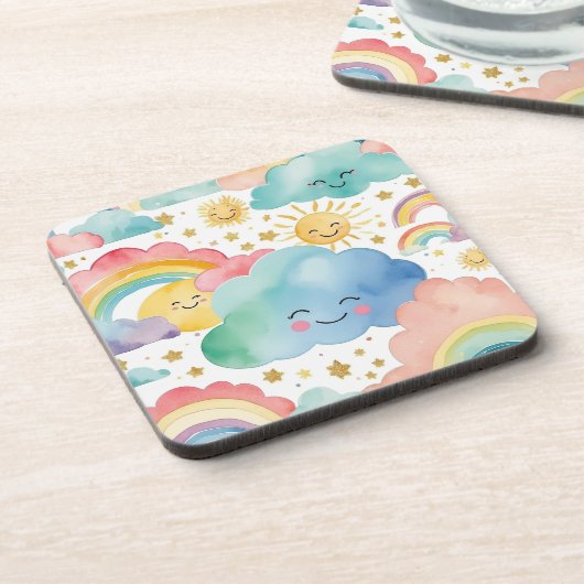 Cute Smiling Clouds Suns Rainbows Pattern コースター (左側)