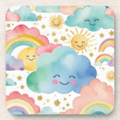 Cute Smiling Clouds Suns Rainbows Pattern コースター (正面)