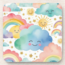 Cute Smiling Clouds Suns Rainbows Pattern コースター