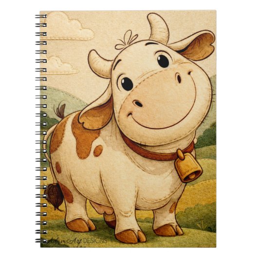 Cute Smiling Cow Rustic Farm Illustration ノートブック (正面)