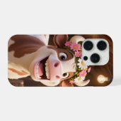 Cute Smiling Cow with Flower Crown Aesthetic iPhoneケース (裏面横)