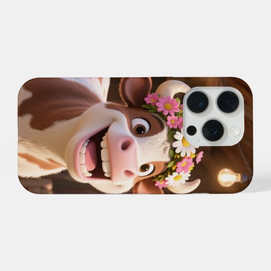 Cute Smiling Cow with Flower Crown Aesthetic iPhoneケース (裏面横)