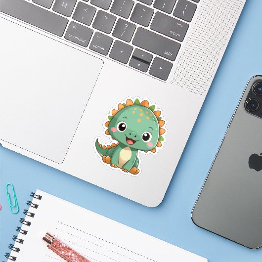 Cute Smiling Dinosaur Illustration Vinyl Sticker シール (ノートパソコンとiPhone)
