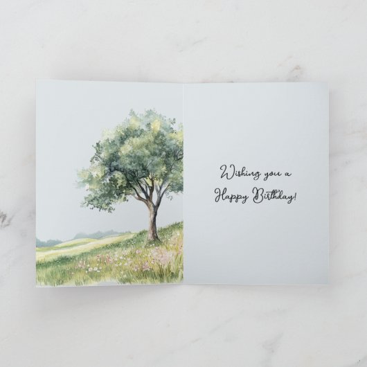 Cute Smiling Fox Field of Flowers Tree Birthday カード (内部)