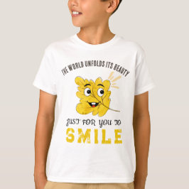 Cute Smiling Leaf "The World Unfolds Its Beauty" Tシャツ