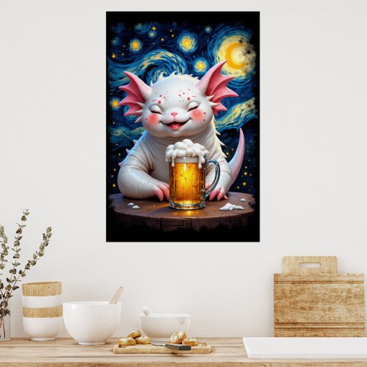 Cute smiling monster with a mug of beer and starry ポスター (キッチン)