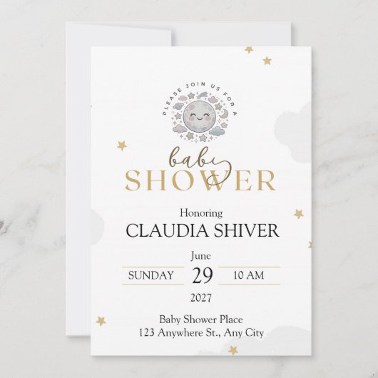 Cute Smiling Moon with Stars and Clouds 招待状 (正面)