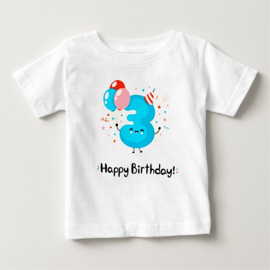 Cute Smiling Number 3 with Balloons in Birthday ベビーTシャツ (正面)