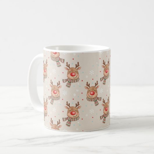 Cute Smiling Reindeer Christmas Pattern コーヒーマグカップ (正面左)