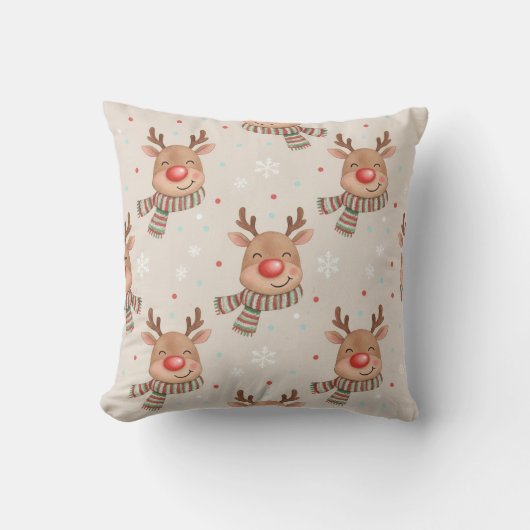 Cute Smiling Reindeer Christmas Throw Pillow クッション (正面)