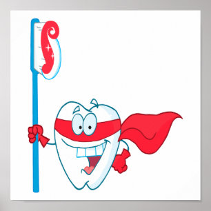 Cute Smiling Superhero Tooth With Toothbrush ポスター