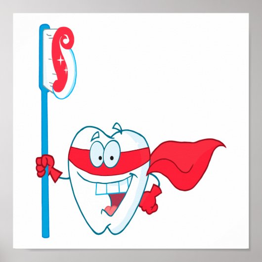 Cute Smiling Superhero Tooth With Toothbrush ポスター (正面)