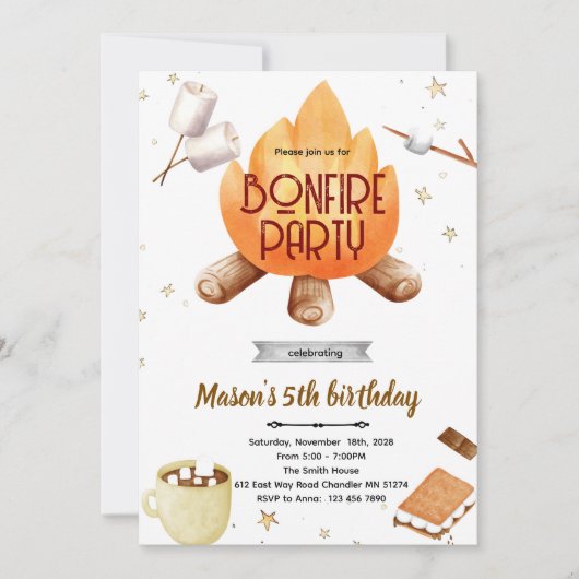 Cute Smores bonfire Birthday invitation 招待状 (正面)