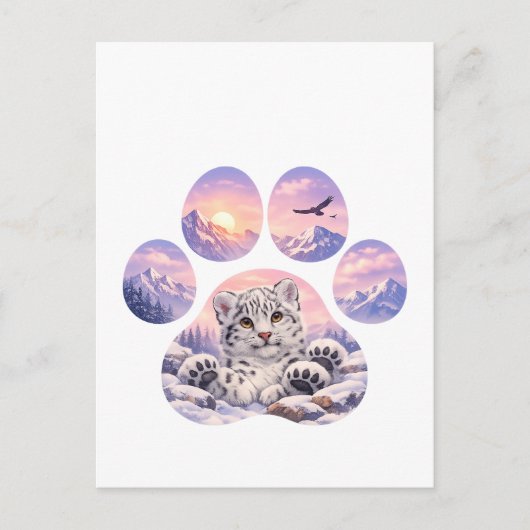 Cute Snow Leopard Paw Mountain Design ポストカード (正面)